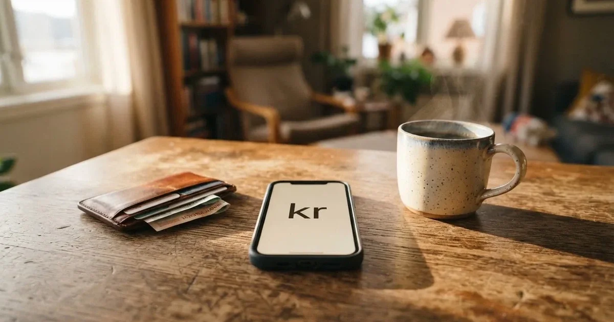 Mobiltelefon på et trebord ved siden av en lommebok og en kopp kaffe — 10 kr casinoer i norge
