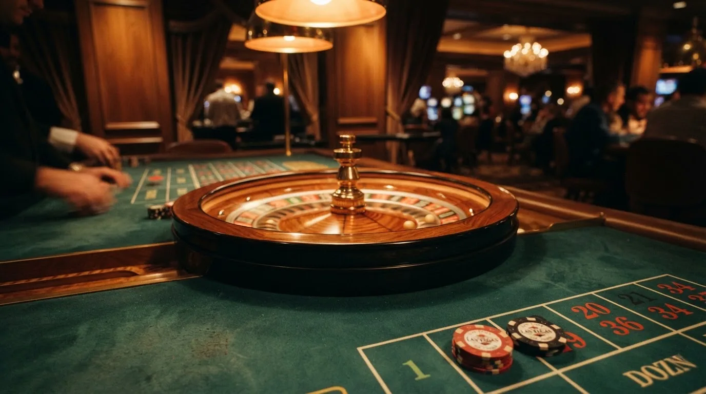 Rulettehjul og sjetonger på grønn filt i varmt kveldslys — 10 kr casinoer i norge