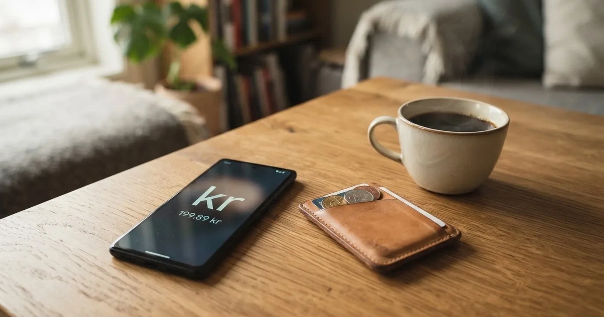 Mobiltelefon på et trebord ved siden av en lommebok og en kopp kaffe — 100 kr casinoer i norge