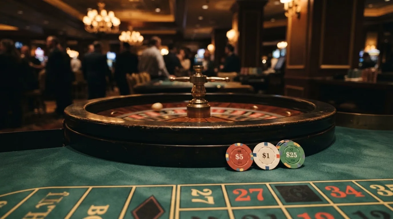 Rulettehjul og sjetonger på grønn filt i varmt kveldslys — 100 kr casinoer i norge