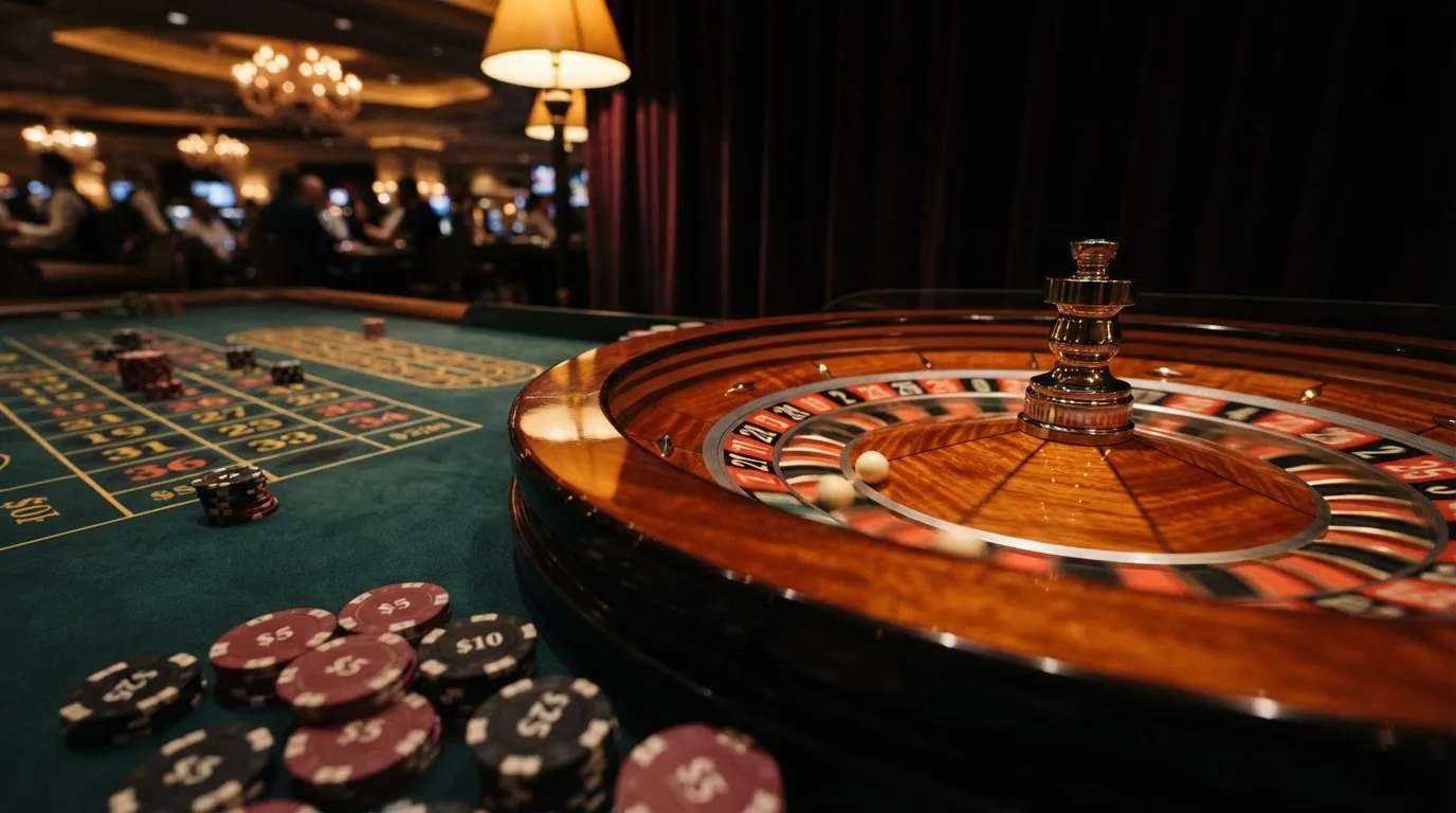 Rulettehjul og sjetonger på grønn filt i varmt kveldslys — 20 kr casinoer i norge