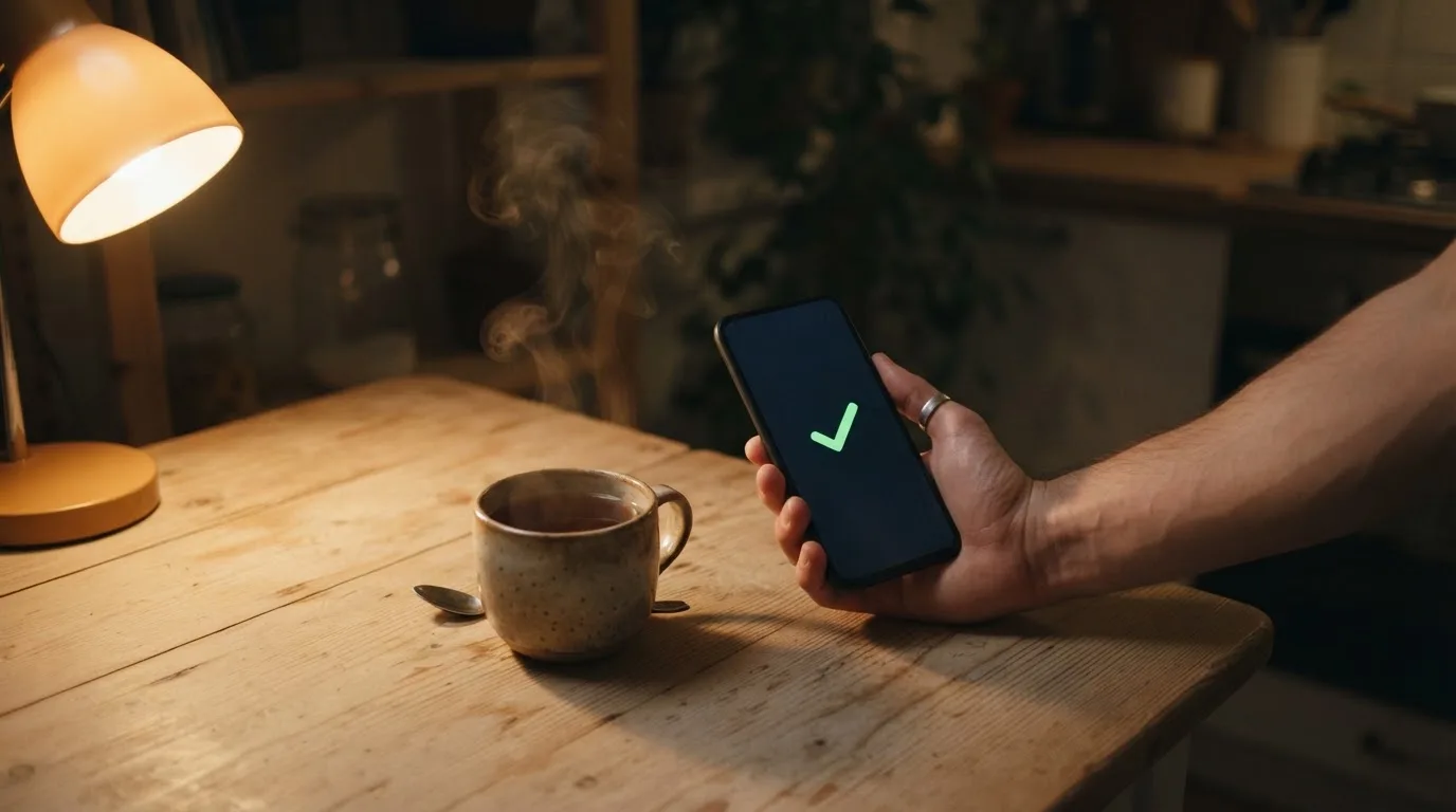 Hånd holder en mobiltelefon ved siden av en kopp te ved et kjøkkenbord en rolig kveld — alle kasinoer i norge