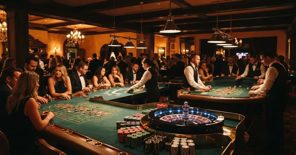 Tre ulike spillebord side om side i en rolig, varmt opplyst spillesal — anmeldelser av norske casinoer