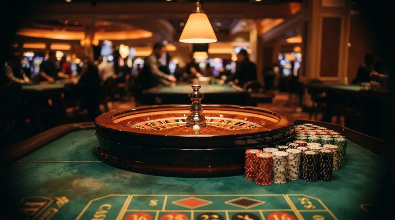 Rulettehjul og sjetonger på grønn filt i varmt kveldslys — anmeldelser av norske casinoer