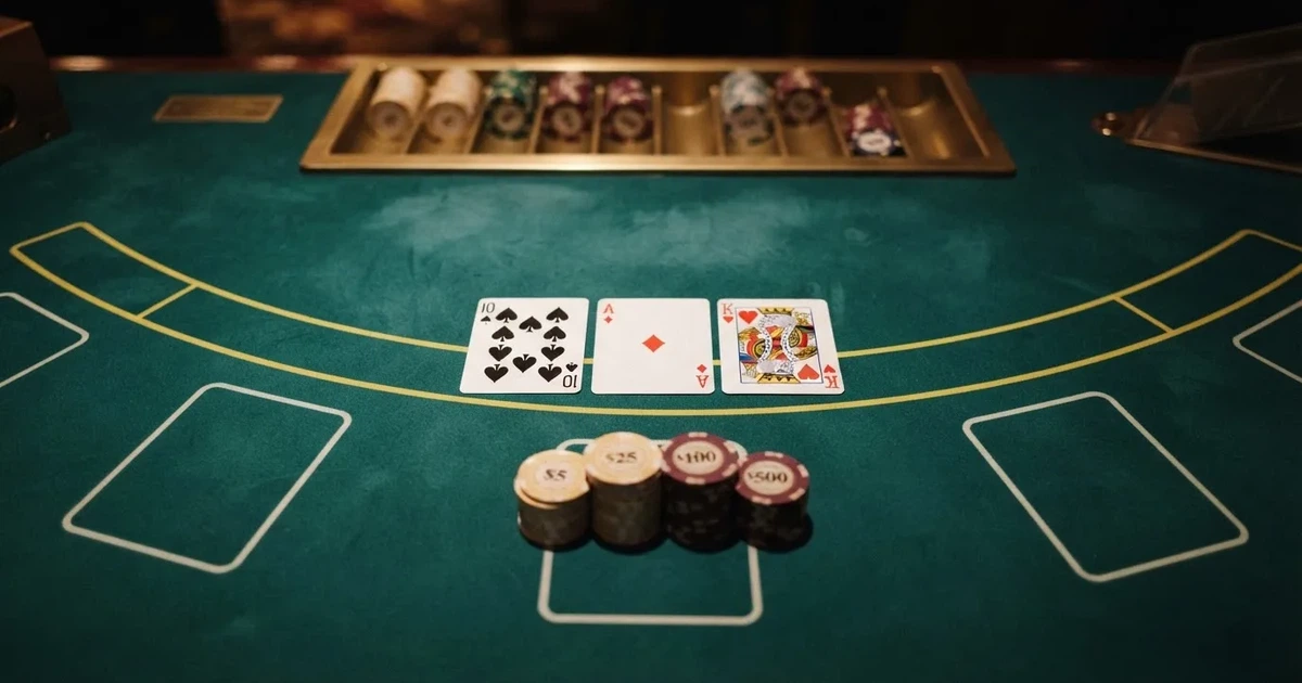 Opplyst spillebord med kort, sett ovenfra — beste blackjack i norge
