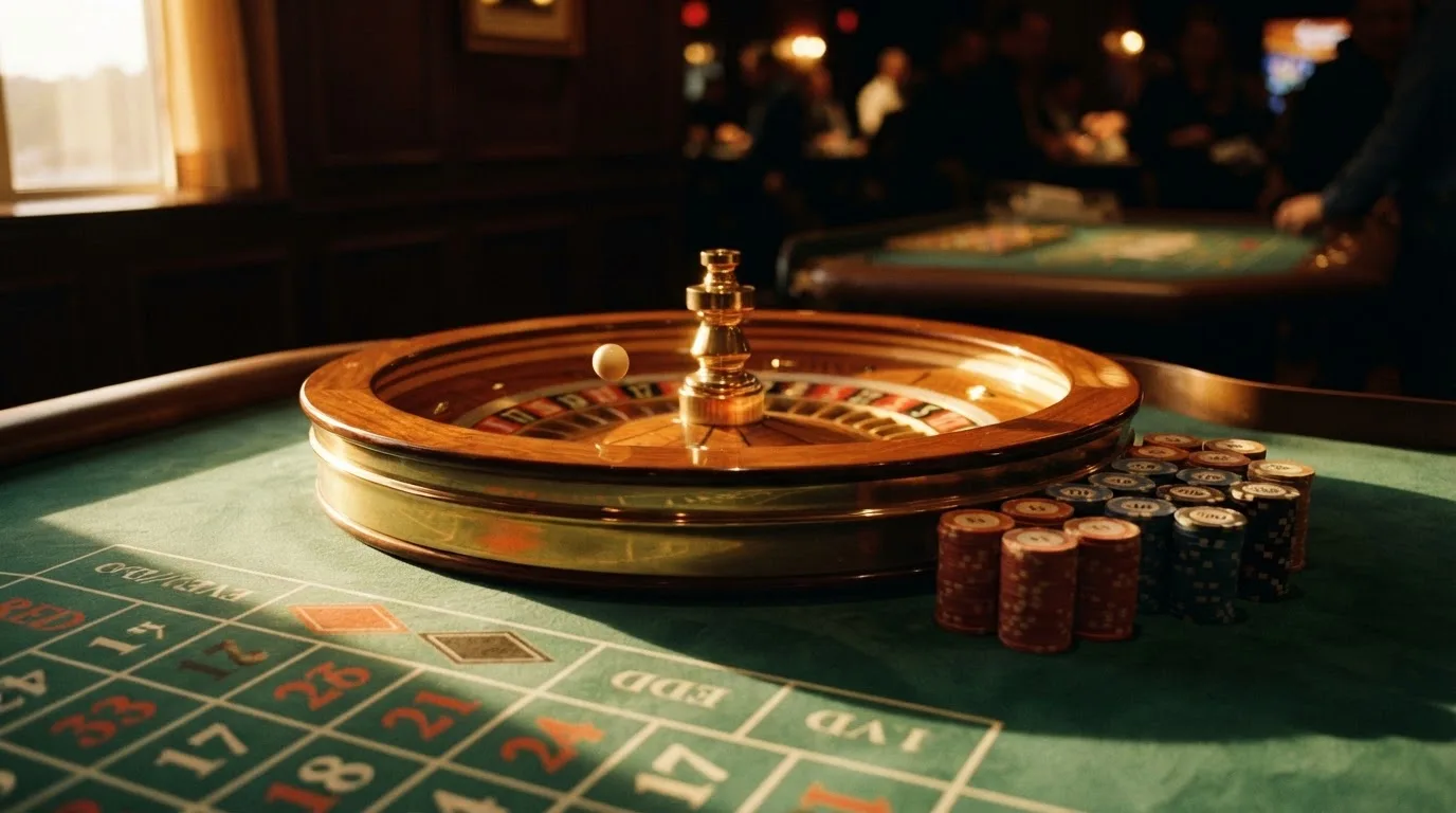 Rulettehjul og sjetonger på grønn filt i varmt kveldslys — beste blackjack i norge