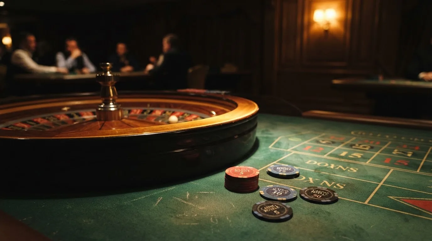 Rulettehjul og sjetonger på grønn filt i varmt kveldslys — beste bonuser på norske casinoer