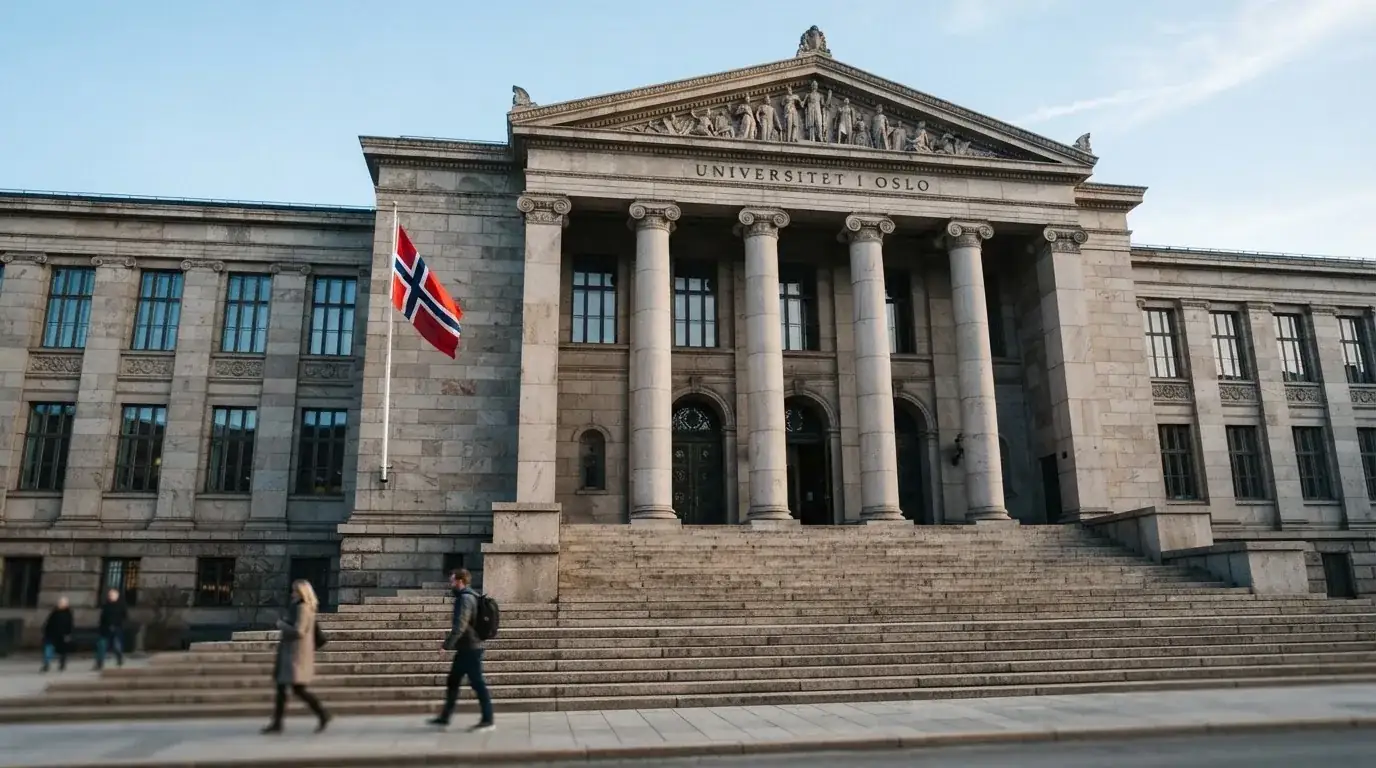 Fasade av en stor offentlig bygning i Oslo med brede trapper og et norsk flagg i vinden under klar himmel