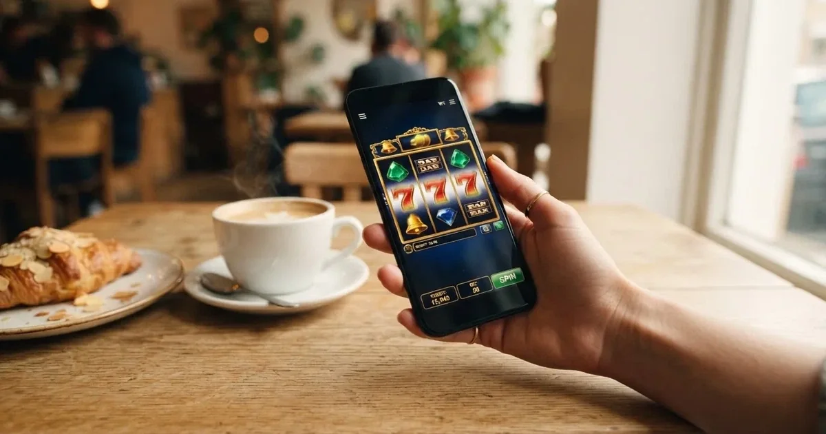 Hånd som holder en smarttelefon med mørk skjerm over et kafébord, kaffekopp ved siden av og dagslys fra et stort vindu