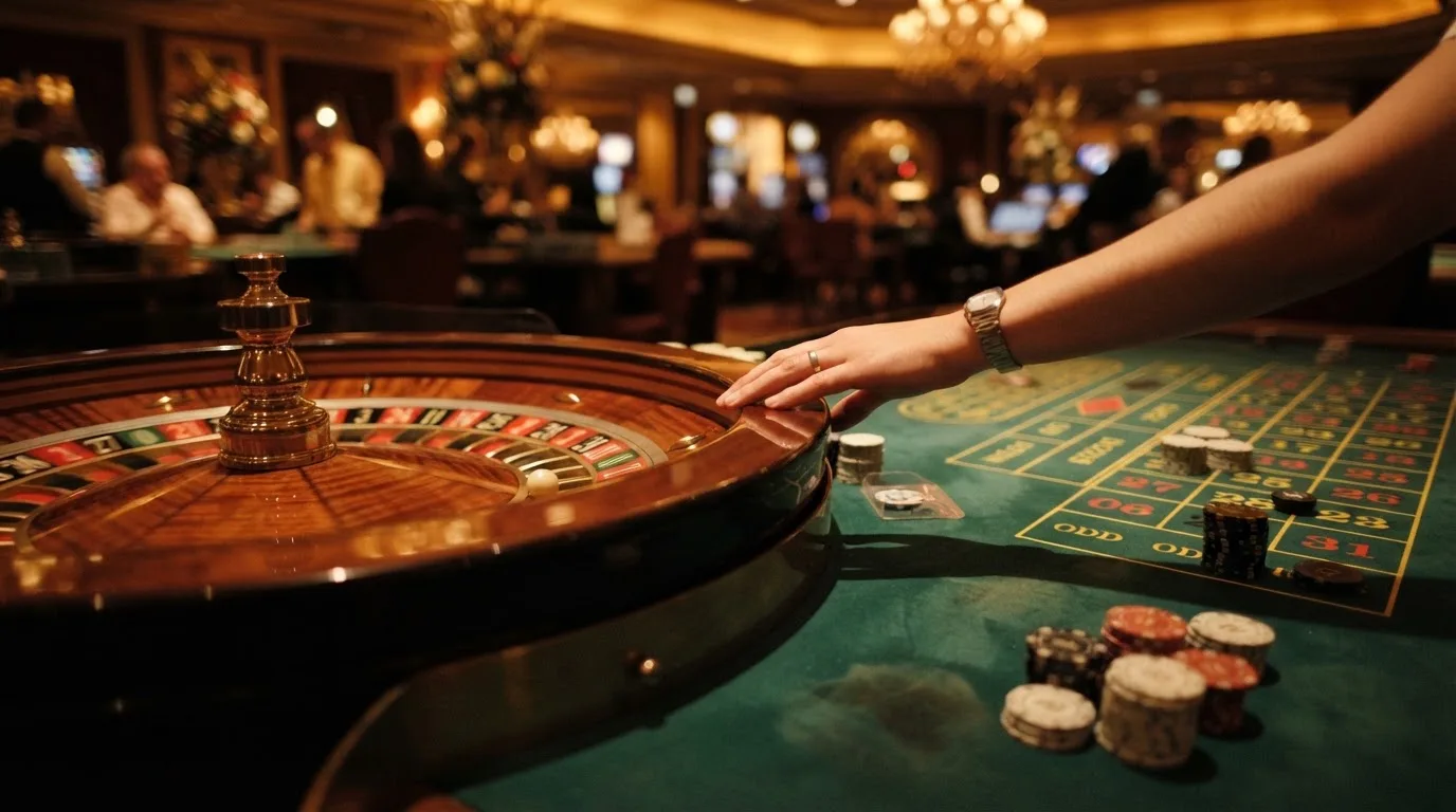 Rulettehjul og sjetonger på grønn filt i varmt kveldslys — beste casino spilleautomater