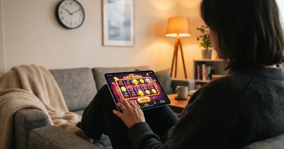 Person i en sofa ser ettertenksomt på et nettbrett, en klokke på veggen bak — beste casinobonuser i norge