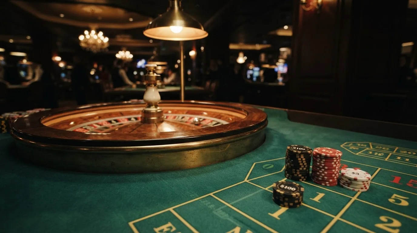 Rulettehjul og sjetonger på grønn filt i varmt kveldslys — beste casinobonuser i norge