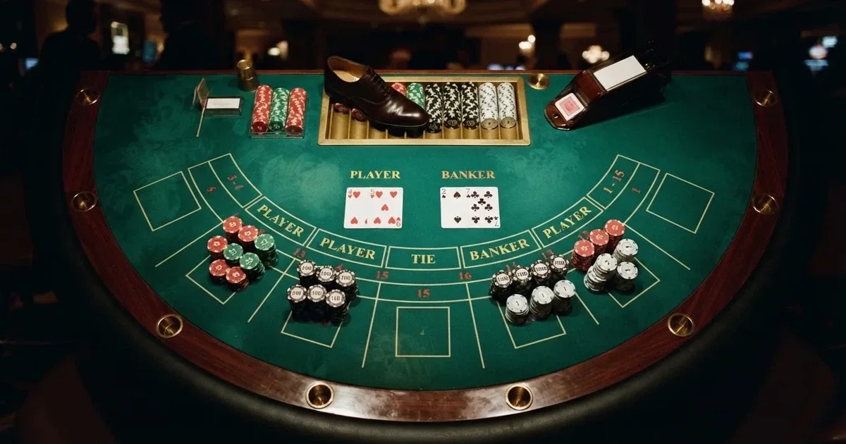 Opplyst spillebord med kort, sett ovenfra — beste casinoer med baccarat
