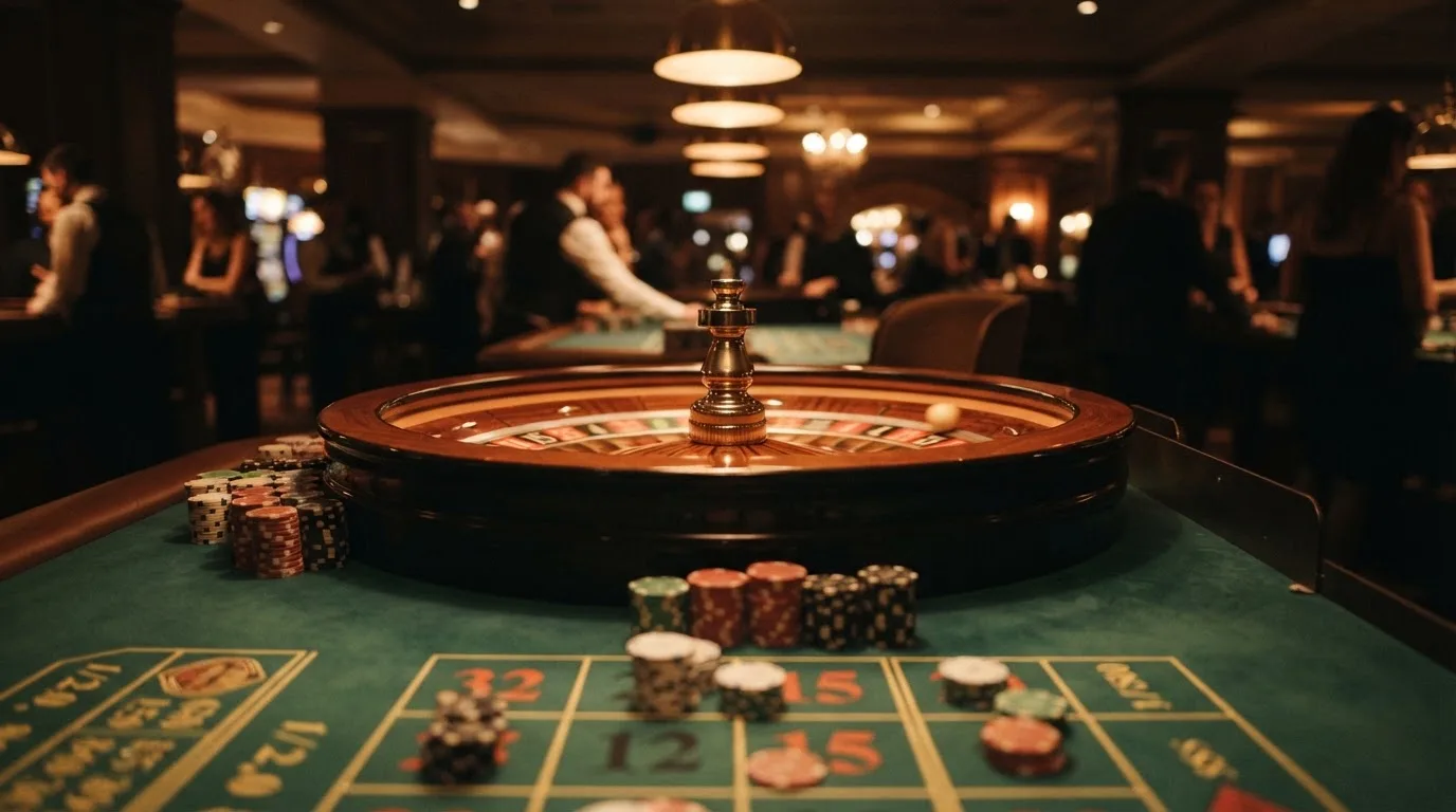 Rulettehjul og sjetonger på grønn filt i varmt kveldslys — beste casinoer med baccarat