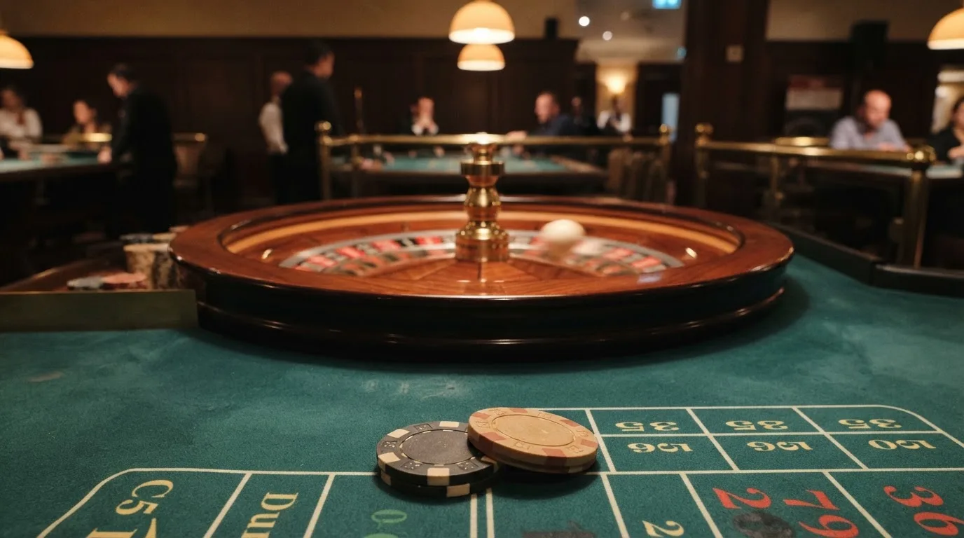 Rulettehjul og sjetonger på grønn filt i varmt kveldslys — beste casinoer med bingo