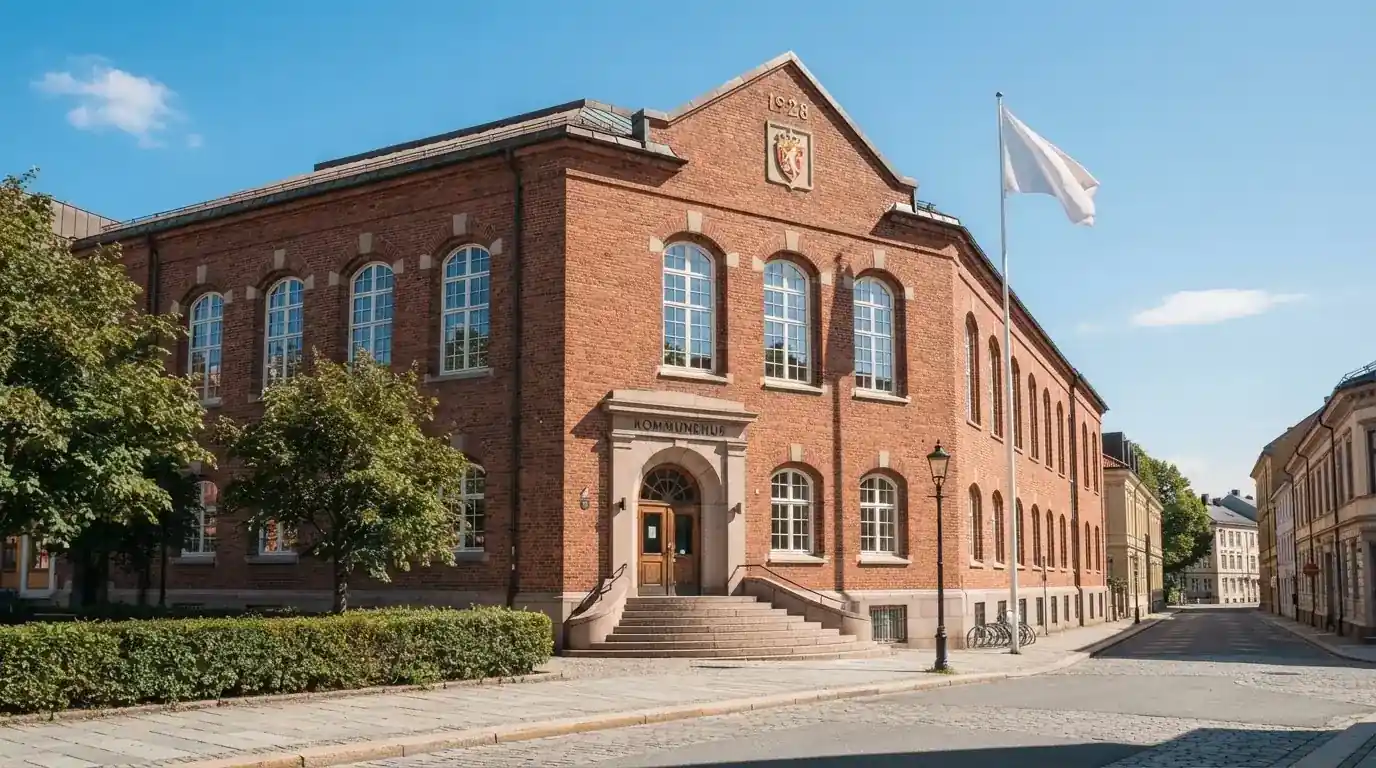 Offentlig kontorbygning i rødt murstein i en norsk by, med et flagg ved inngangen og blå himmel
