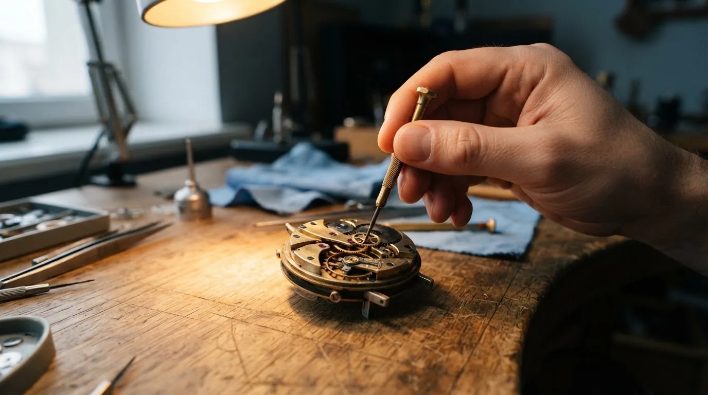 Nærbilde av en hånd som skrur på en liten mekanisk mekanisme med tannhjul på en arbeidsbenk, varmt lys