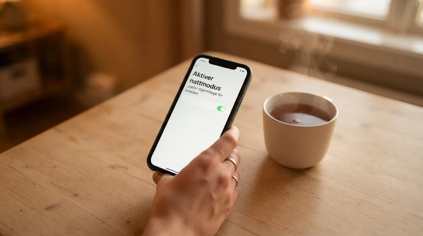 Hånd holder en mobiltelefon ved siden av en kopp te ved et kjøkkenbord en rolig kveld — beste utenlandske casinoer