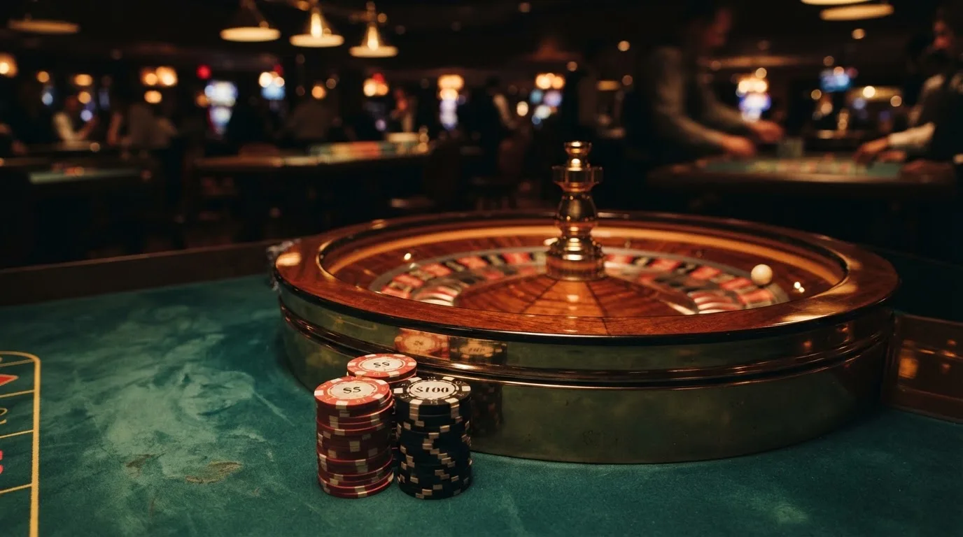 Rulettehjul og sjetonger på grønn filt i varmt kveldslys — beste utenlandske casinoer