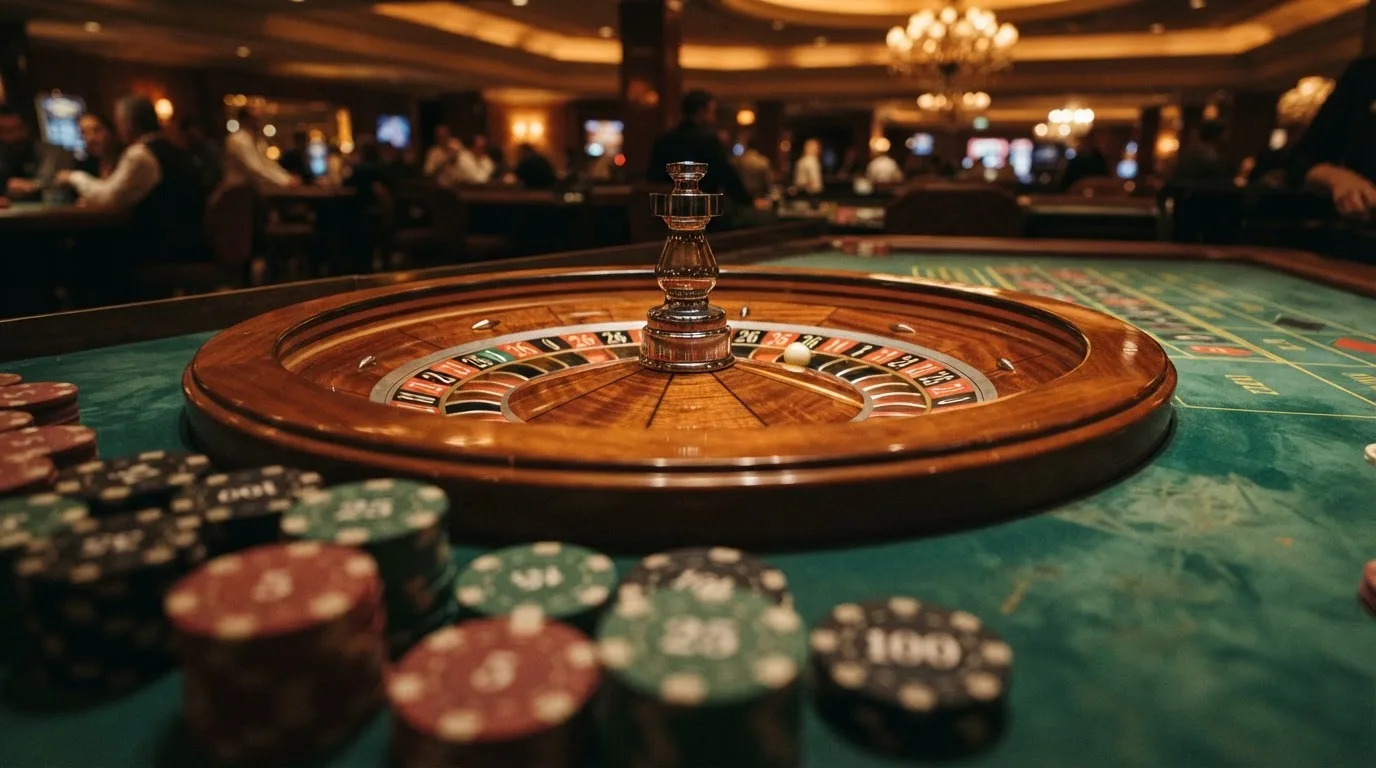 Rulettehjul og sjetonger på grønn filt i varmt kveldslys — bonuser på nettcasino