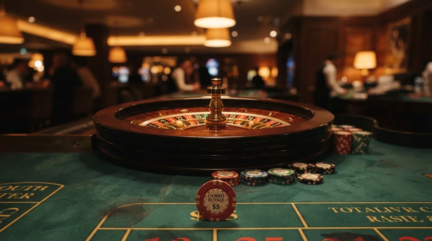 Rulettehjul og sjetonger på grønn filt i varmt kveldslys — casino slots in norway
