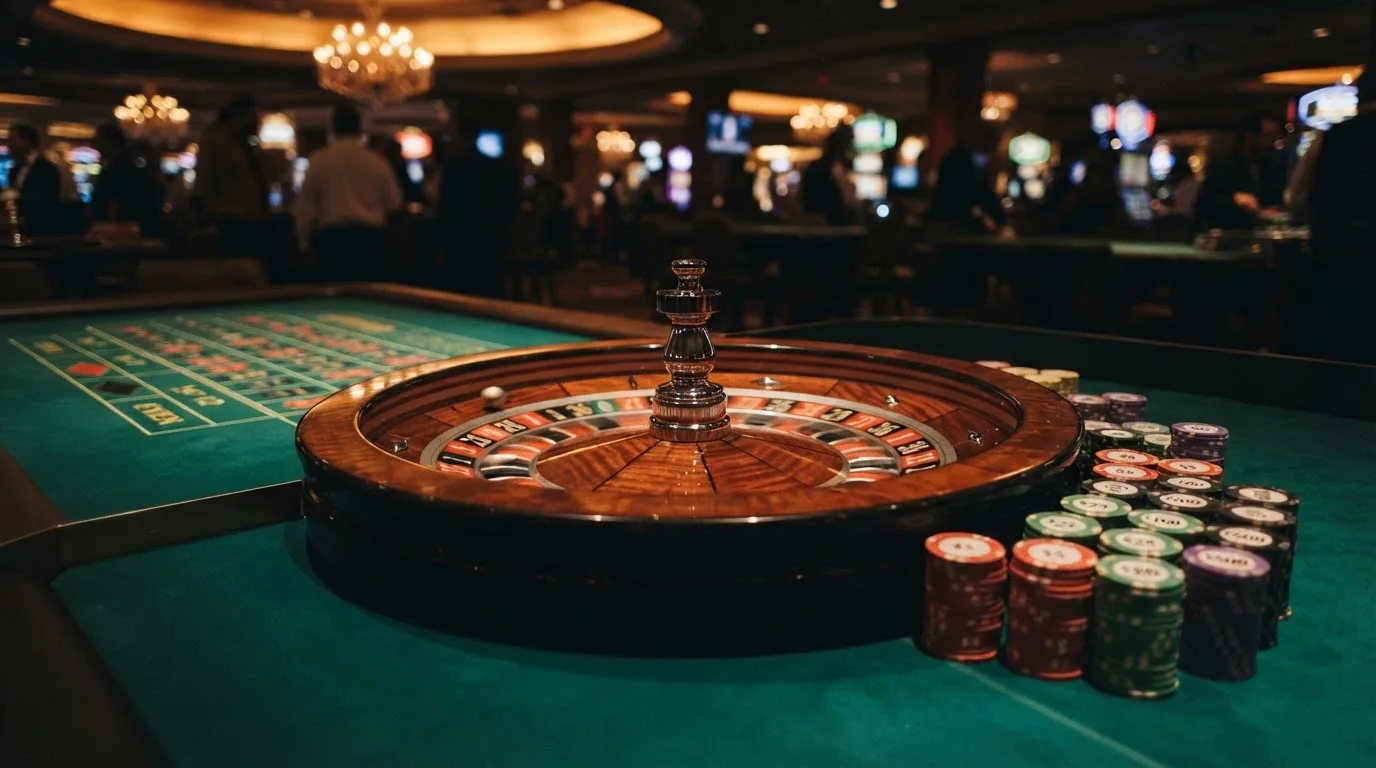 Rulettehjul og sjetonger på grønn filt i varmt kveldslys — casino tipping i norge