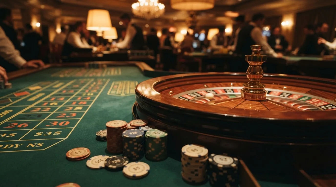 Rulettehjul og sjetonger på grønn filt i varmt kveldslys — casino uten lisens i norge