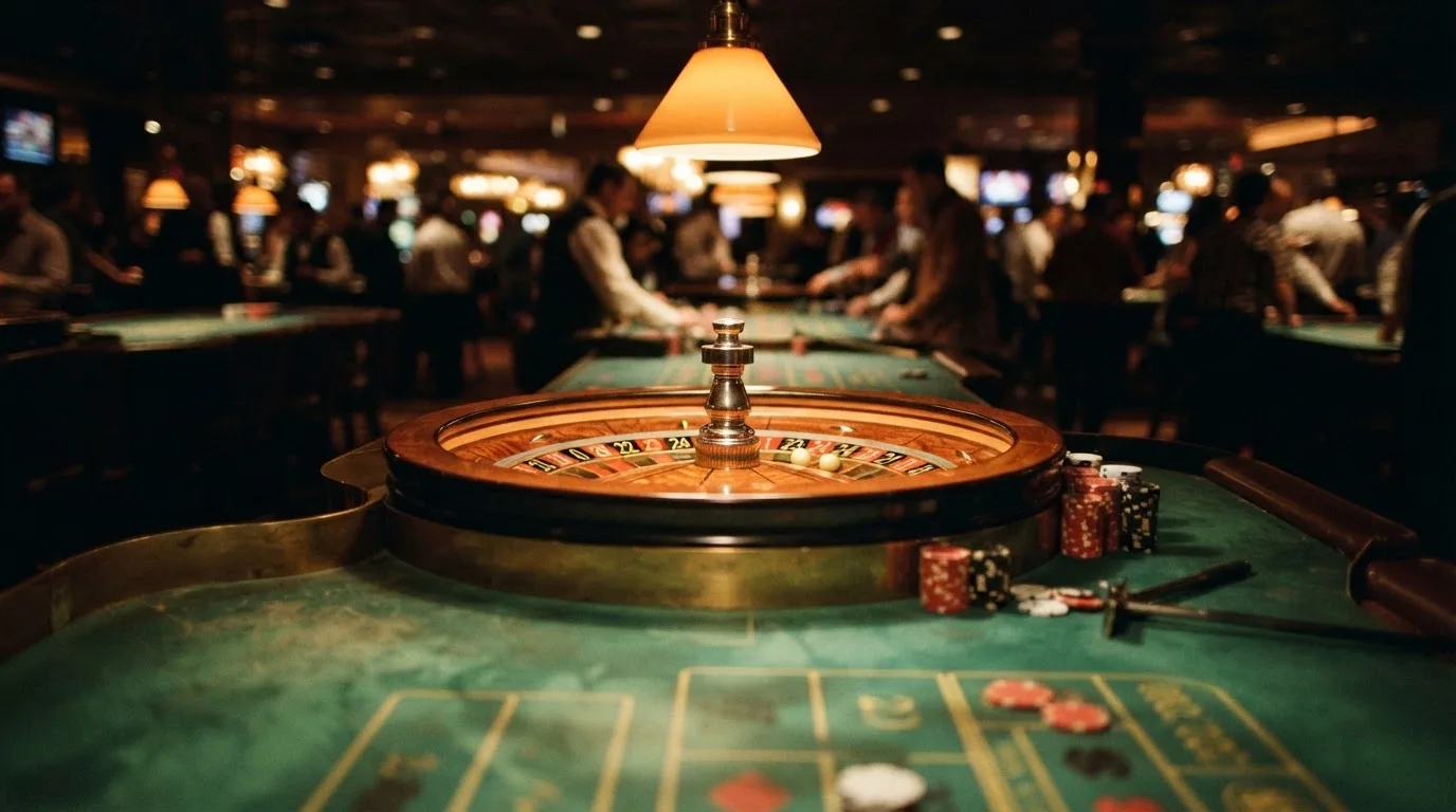 Rulettehjul og sjetonger på grønn filt i varmt kveldslys — casinoer med bitcoin i norge
