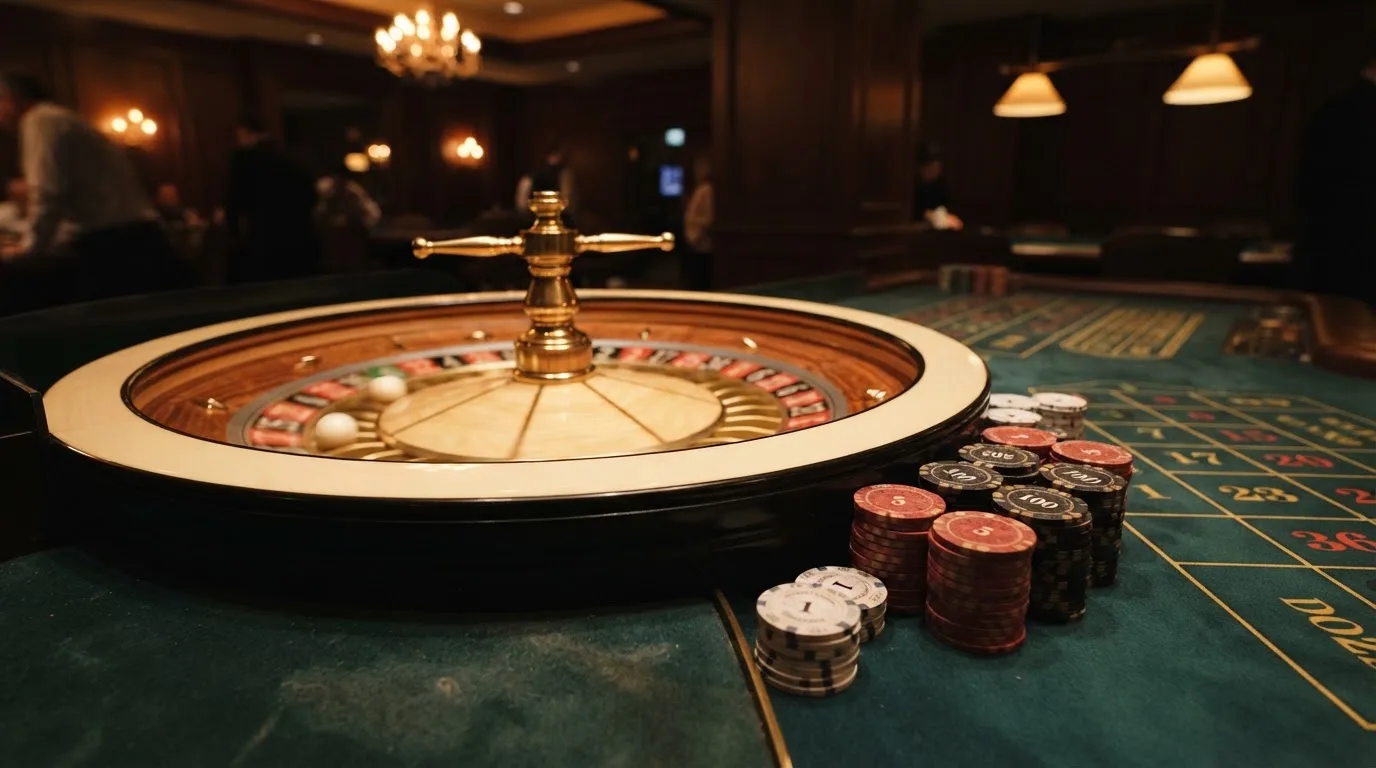 Rulettehjul og sjetonger på grønn filt i varmt kveldslys — casinoer med dogecoin i norge