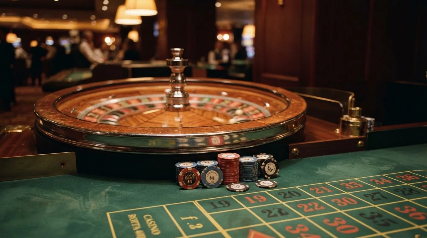 Rulettehjul og sjetonger på grønn filt i varmt kveldslys — live roulette in norway