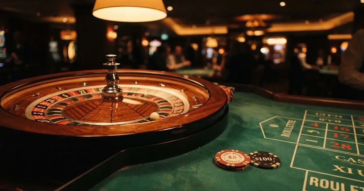 Rulettehjul og sjetonger på grønn filt i varmt kveldslys — norske casino gevinster