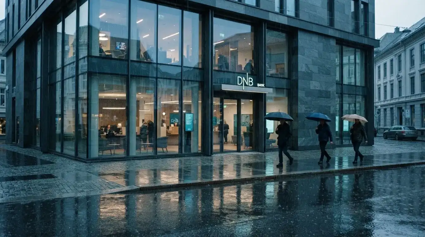 Bankfilial med store vinduer i en norsk by i regnvær, noen med paraplyer utenfor