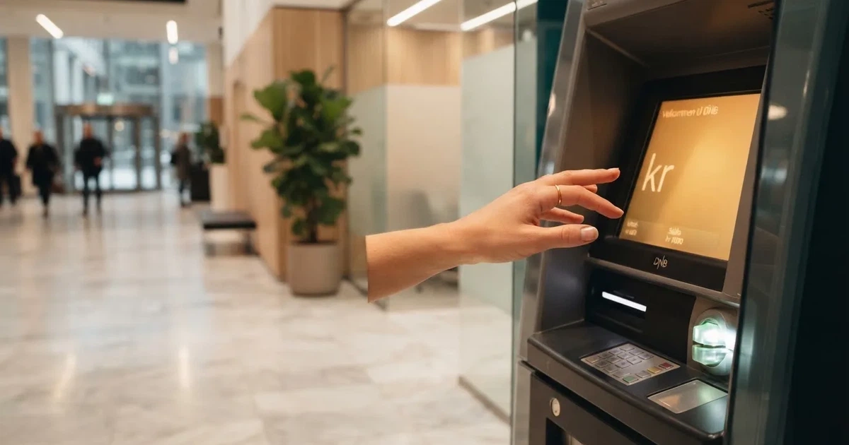Hånd som tar imot kontanter fra en minibank i en lys foajé, uskarp bakgrunn