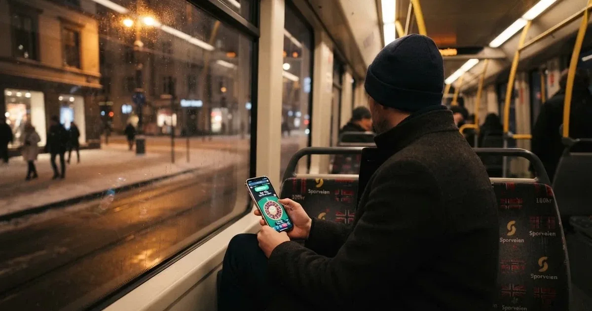Mobiltelefon i hånden på trikken i Oslo en vinterkveld — norske casinoer på android