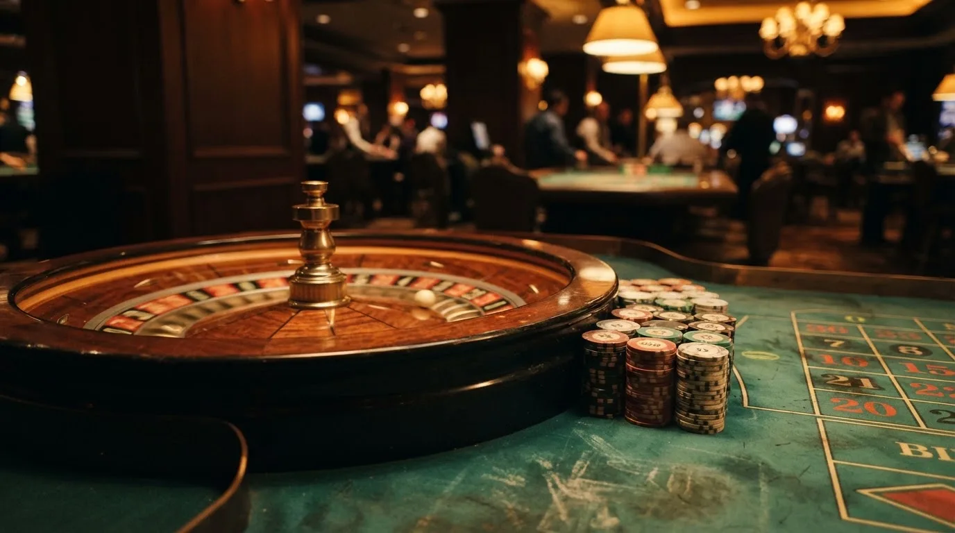 Rulettehjul og sjetonger på grønn filt i varmt kveldslys — norske casinoer på android
