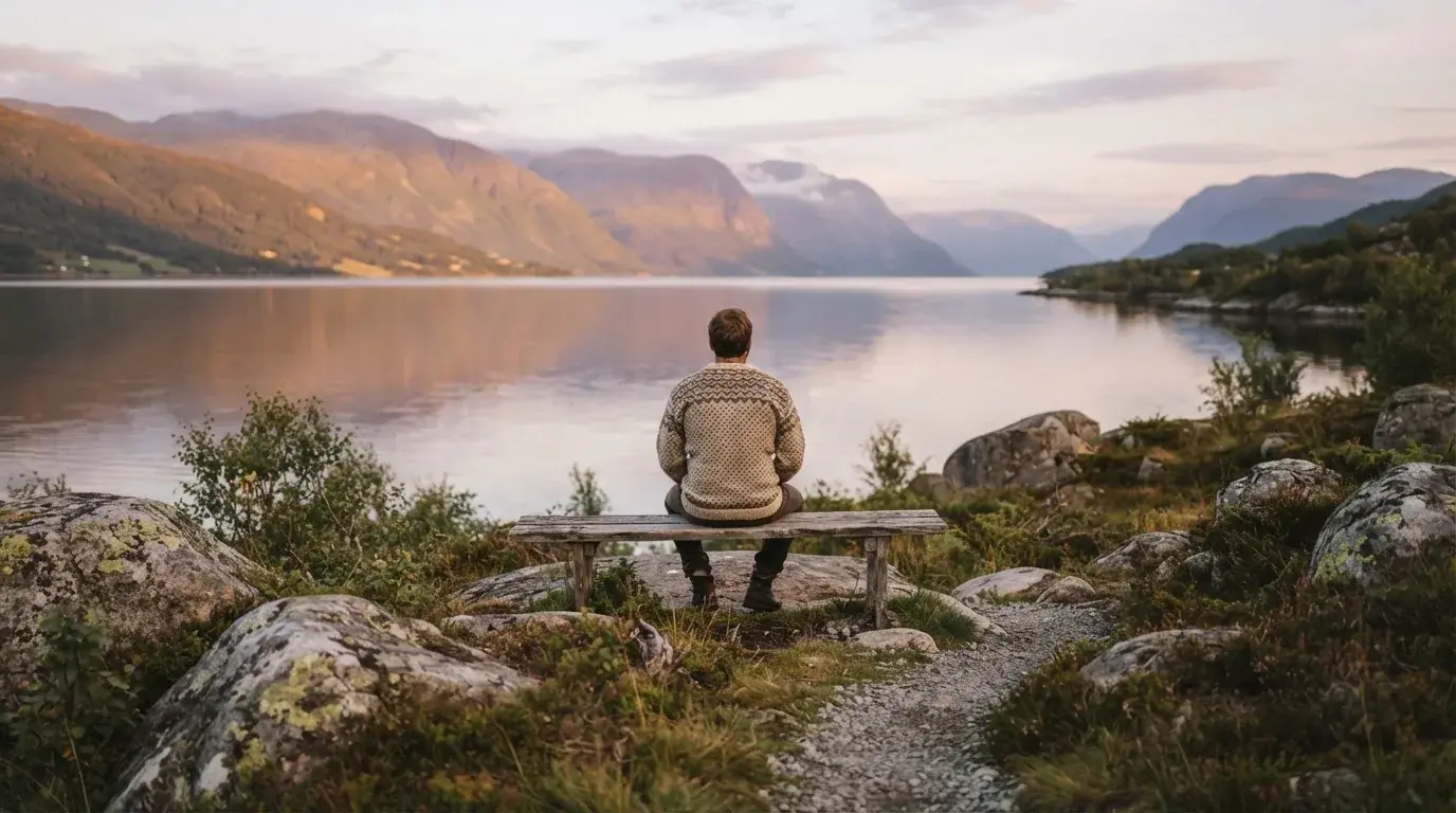 Mann i genser sitter på en benk ved fjorden og ser rolig utover vannet i kveldslys